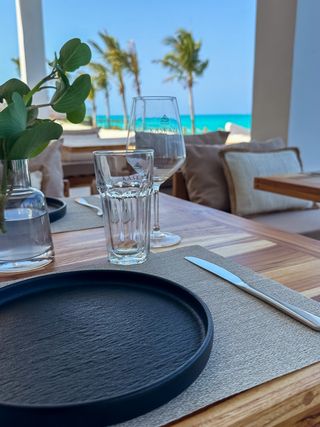 The photo shows an elegantly set table in a restaurant overlooking the turquoise ocean. On the wooden surface, there are glasses, a plate, and a vase with a green plant, creating a stylish and modern arrangement. In the background, palm trees and a tropical landscape add a peaceful and luxurious atmosphere to the scene.